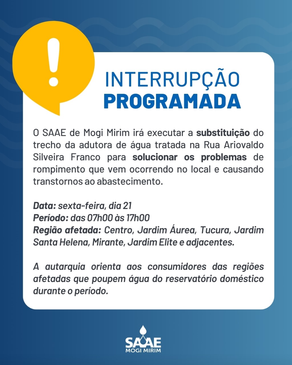 Saae fará substituição de trecho de adutora nesta sexta-feira, 21