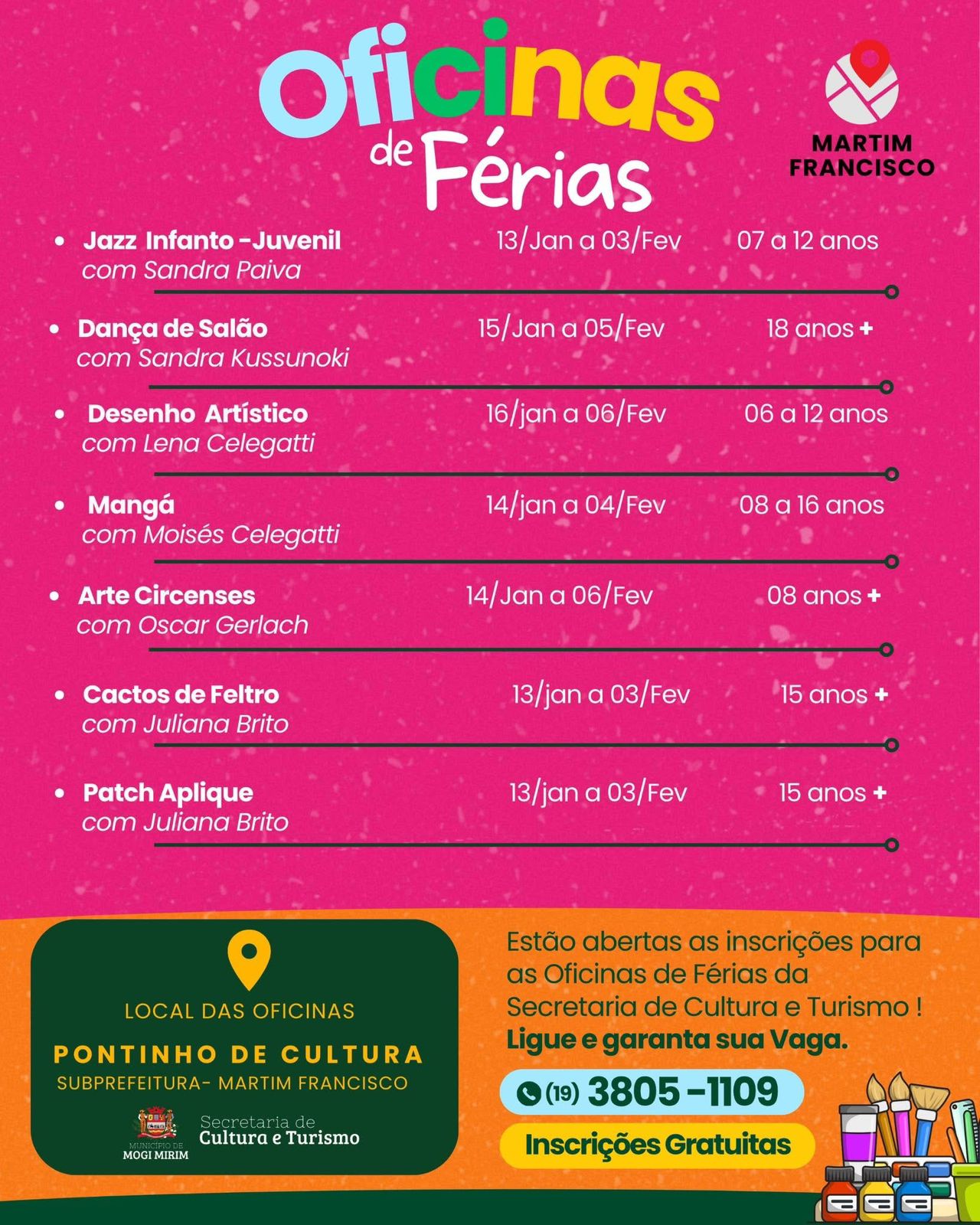 ​Inscrições para Oficinas de Férias encerram nesta sexta-feira em Martim Francisco