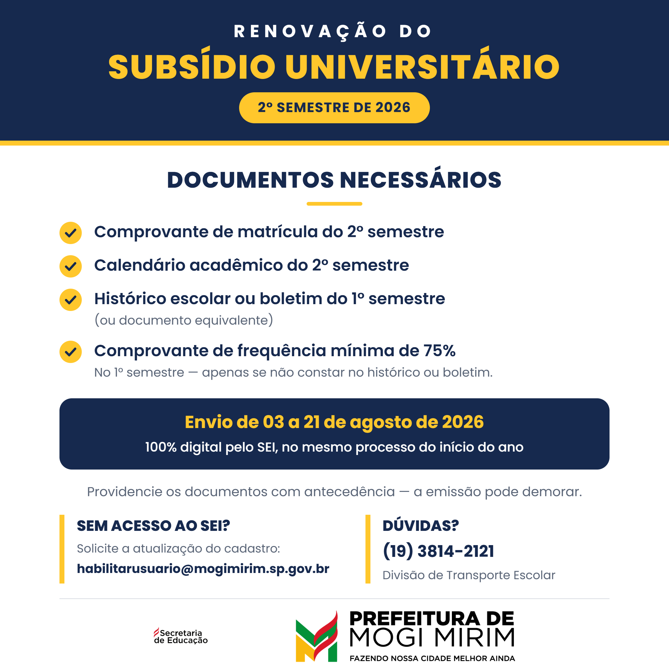 Prefeitura abre renovação do Subsídio do Transporte  Universitário para o 2º semestre