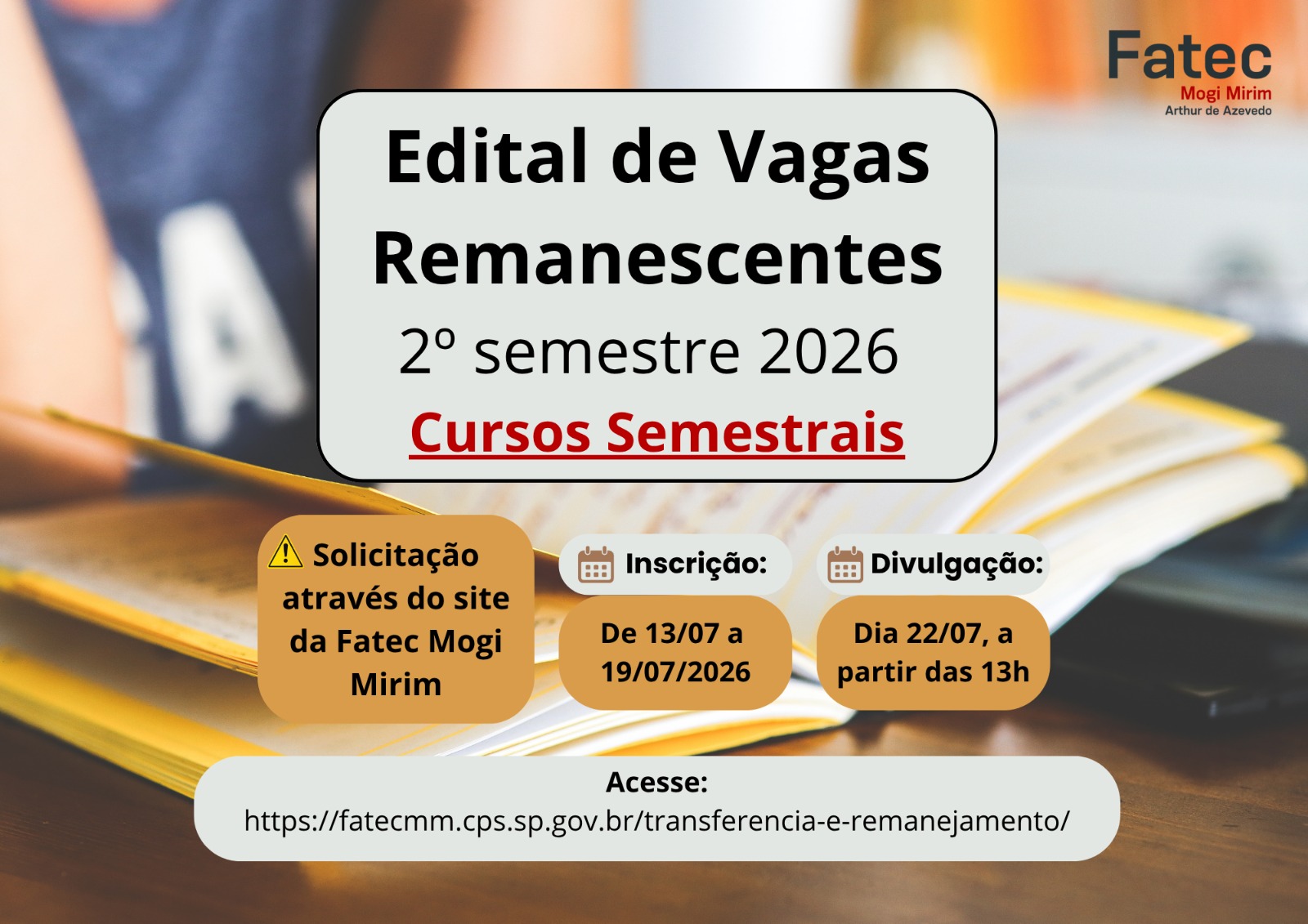 ​Fatec Mogi Mirim recebe inscrições para vagas remanescentes